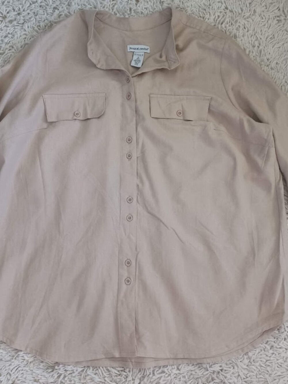 Jessica London Linen Blend Shirt Womens 16 Beige Tunic Roll Tab Utility Pockets
